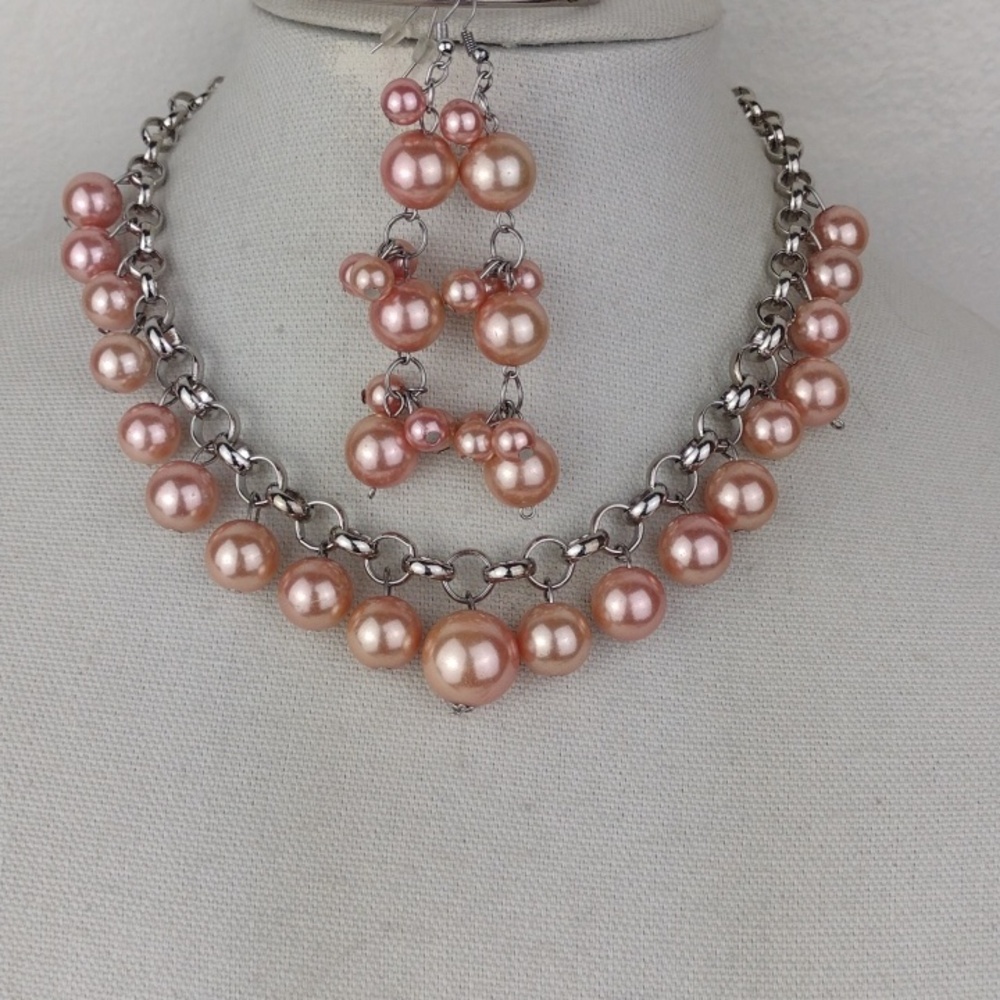Pink Pearl Cluster Necklace  & Matching Earring Set